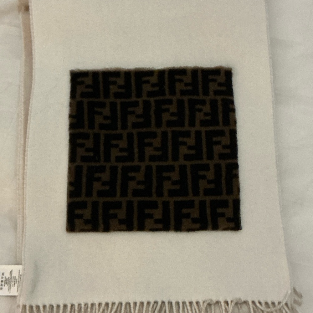 Fendi Cream Scarf with Brown and Black Logo fur pockets